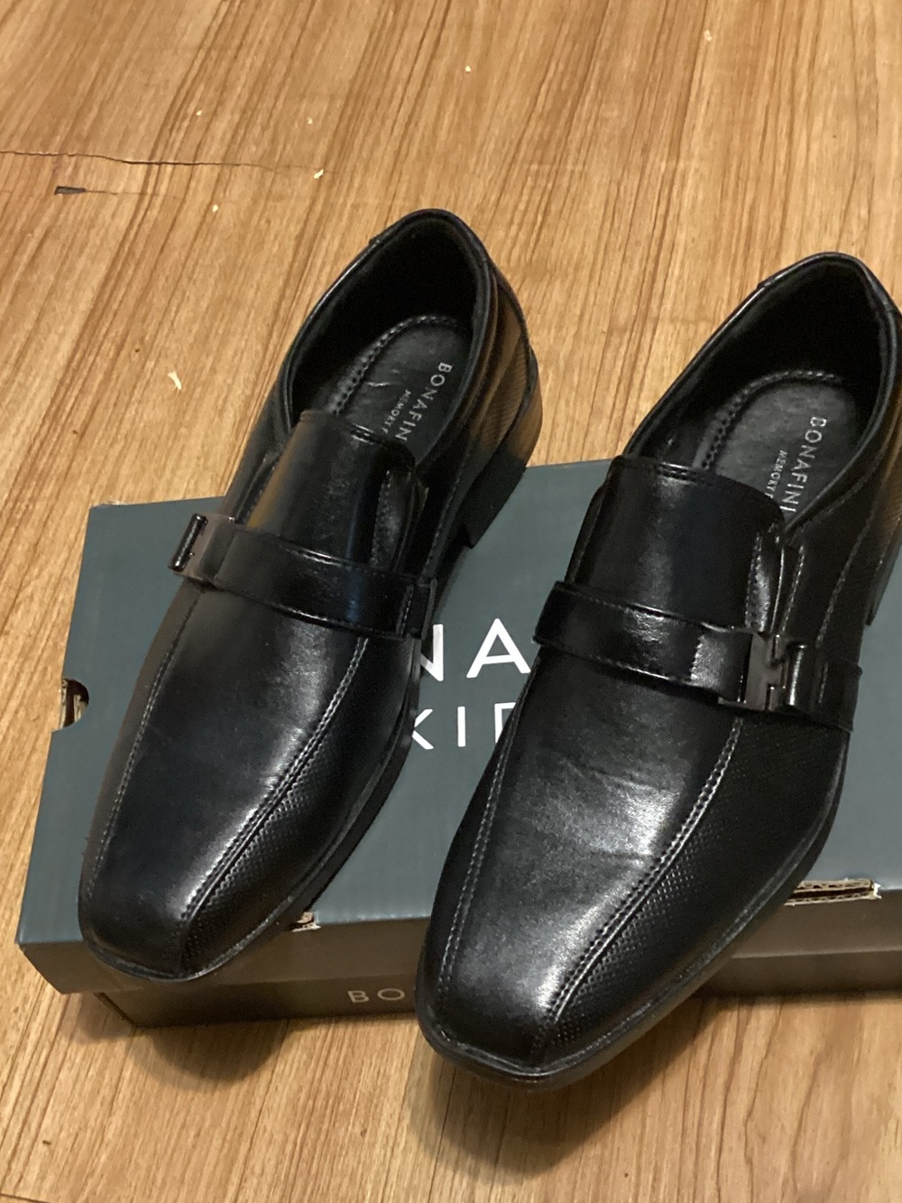 NaNa Black Leather Slip-On Dress Loafers with Buckle Accent
